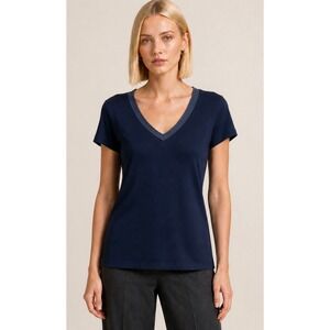 Elaine Kim Rayshan Jersey Tee Navy V-Neck Top NWT Size Petite